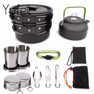 1 Set Outdoor Pots Pans Camping Cookware Picnic Cooking Set Non-stick Tableware With Foldable Spoon Fork Knife Kettle Cup