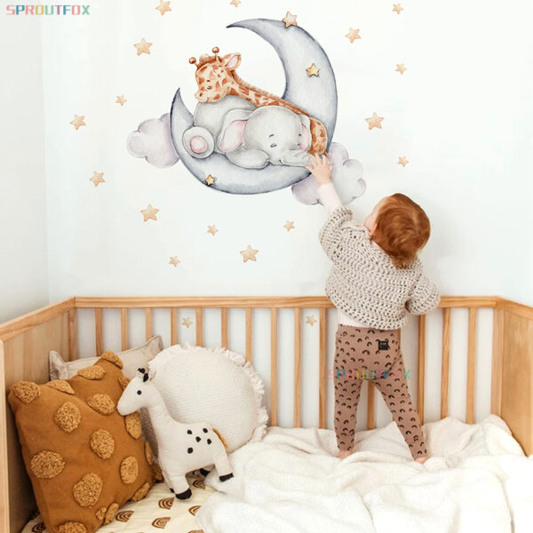 Elephant Giraffe Wall Stickers For Kids Rooms Wall Decorative Vinyl Animal Pattern Moon Child Wall Stickers For Children's Room