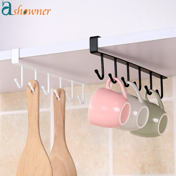 Iron 6 Hooks Storage Shelf Wardrobe Cabinet Metal Under Shelves Mug Cup Hanger Bathroom Kitchen Organizer Hanging Rack Holder