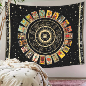 Mandala Tarot Card Tapestry Wheel of the Zodiac Astrology Chart & the Major Arcana Tarot Sun and Moon Wall Hanging Home Decor