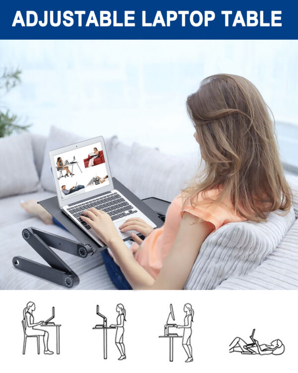 RAINBEAM Adjustable Aluminum Laptop Desk for Bed Table Ergonomic Portable Notebook Stand Tray Sofa Bed with Mouse Pad Black