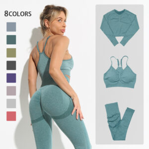 Seamless Yoga Set Women Workout Sportswear Gym Clothing Fitness Long Sleeve Crop Top High Waist Leggings+ Bra Sports Suits