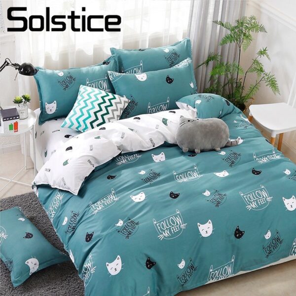 Solstice Home Textile Cyan Cute Cat Kitty Duvet Cover Pillow Case Bed Sheet Boy Kid Teen Girl Bedding Covers Set King Queen Twin