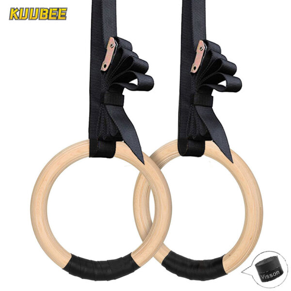 Sports Wood Gymnastic Rings with Adjustable Buckle Straps Anti-slip belt for Strength Training Home Gym Full Body Workout