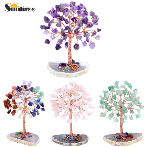 Sunligoo Super Mini Crystal Money Tree Copper Wire Wrapped W/ Agate Slice Base Gemstone Reiki Chakra Feng Shui Trees Home Decor